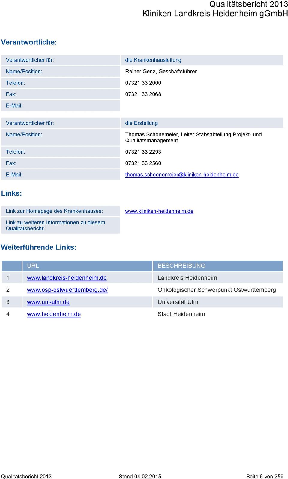 de Links: Link zur Homepage des Krankenhauses: www.kliniken-heidenheim.de Link zu weiteren Informationen zu diesem Qualitätsbericht: Weiterführende Links: URL BESCHREIBUNG 1 www.
