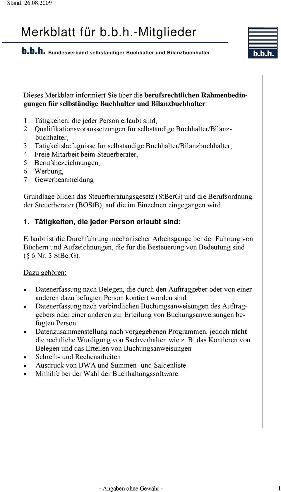 Freie Mitarbeit beim Steuerberater, 5. Berufsbezeichnungen, 6. Werbung, 7.