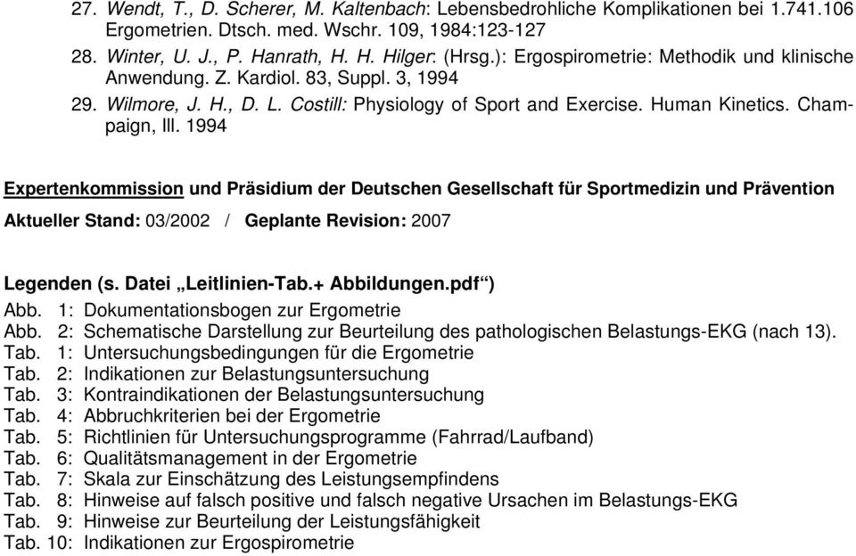 1994 Expertenkommission und Präsidium der Deutschen Gesellschaft für Sportmedizin und Prävention Aktueller Stand: 03/2002 / Geplante Revision: 2007 Legenden (s. Datei Leitlinien-Tab.+ Abbildungen.