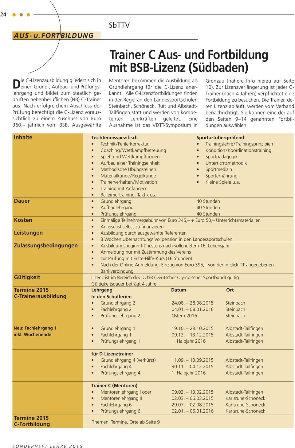 Aus gewählte SbTTV Trainer C Aus- und Fortbildung mit BSB-Lizenz (Südbaden) Mentoren bekommen die Ausbildung als Grundlehrgang für die C-Lizenz anerkannt.