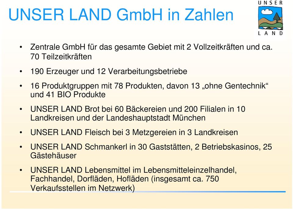 LAND Brot bei 60 Bäckereien und 200 Filialen in 10 Landkreisen und der Landeshauptstadt München UNSER LAND Fleisch bei 3 Metzgereien in 3 Landkreisen
