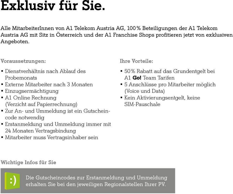 Voraussetzungen: Dienstverhältnis nach Ablauf des Probemonats Externe Mitarbeiter nach 3 Monaten Einzugsermächtigung A1 Online Rechnung (Verzicht auf Papierrechnung) Zur An- und Ummeldung ist ein