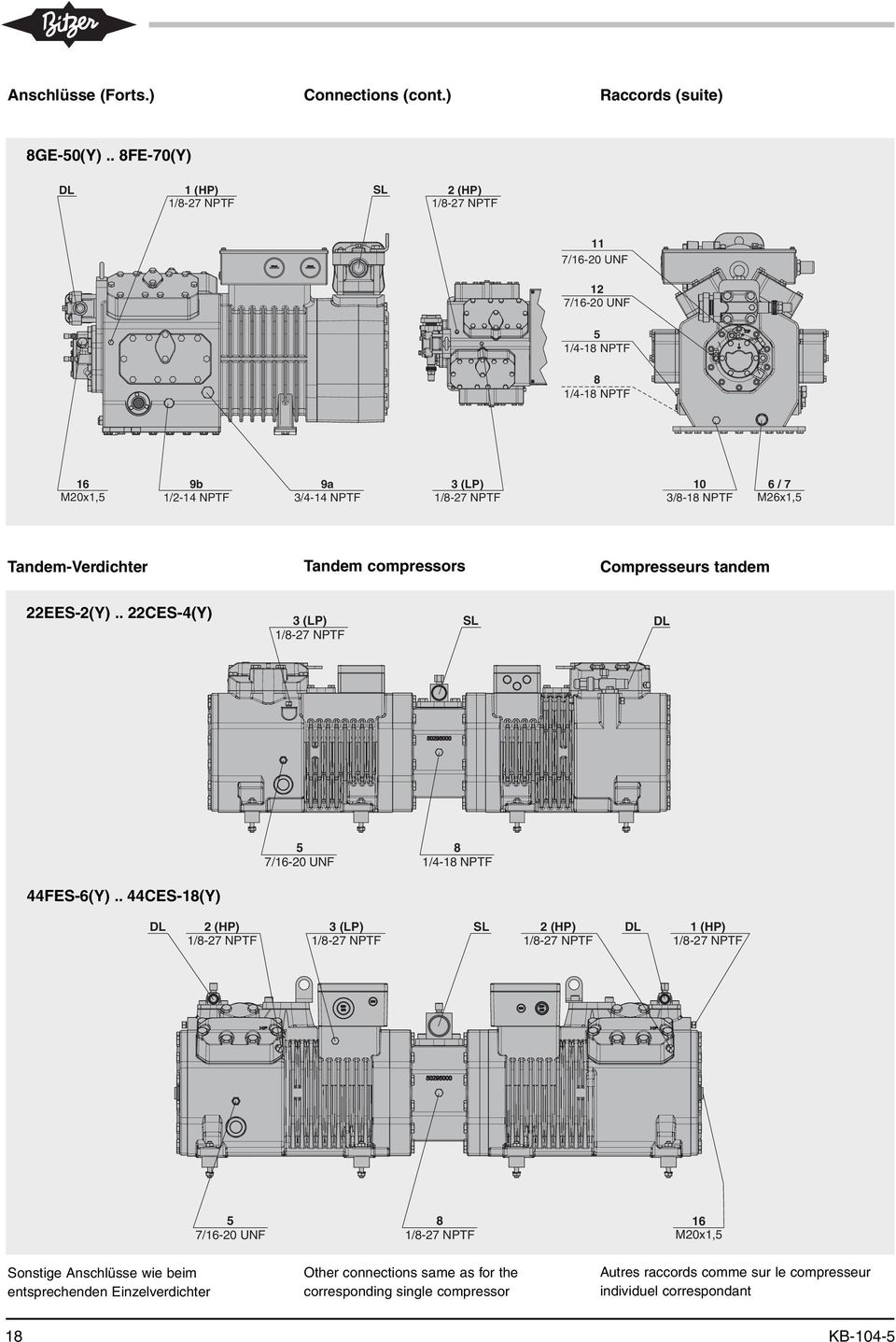 Tandem-Verdichter Tandem compressors Compresseurs tandem 22EES-2(Y).. 22CES-4(Y) 3 (LP) SL DL 5 8 1/4-18 NPTF 44FES-6(Y).