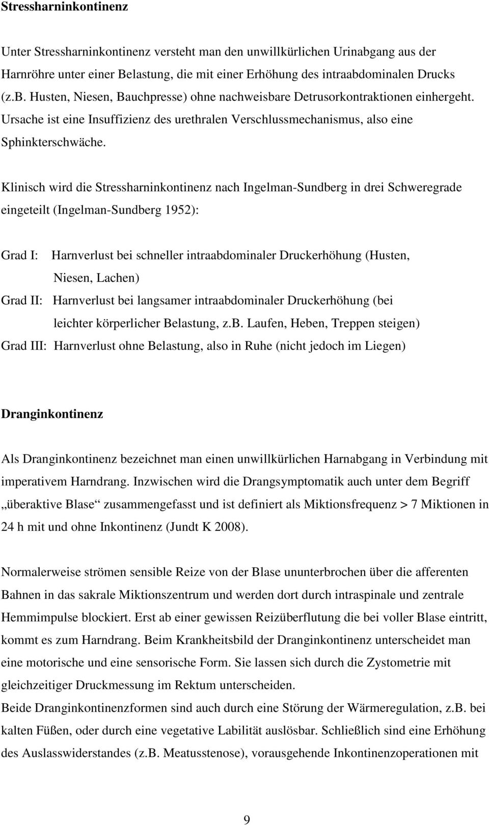 Klinisch wird die Stressharninkontinenz nach Ingelman-Sundberg in drei Schweregrade eingeteilt (Ingelman-Sundberg 1952): Grad I: Harnverlust bei schneller intraabdominaler Druckerhöhung (Husten,