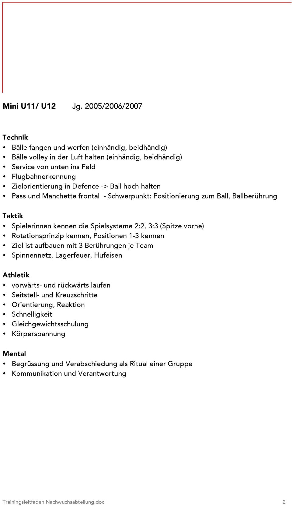 Defence -> Ball hoch halten Pass und Manchette frontal - Schwerpunkt: Positionierung zum Ball, Ballberührung Spielerinnen kennen die Spielsysteme 2:2, 3:3 (Spitze vorne) Rotationsprinzip