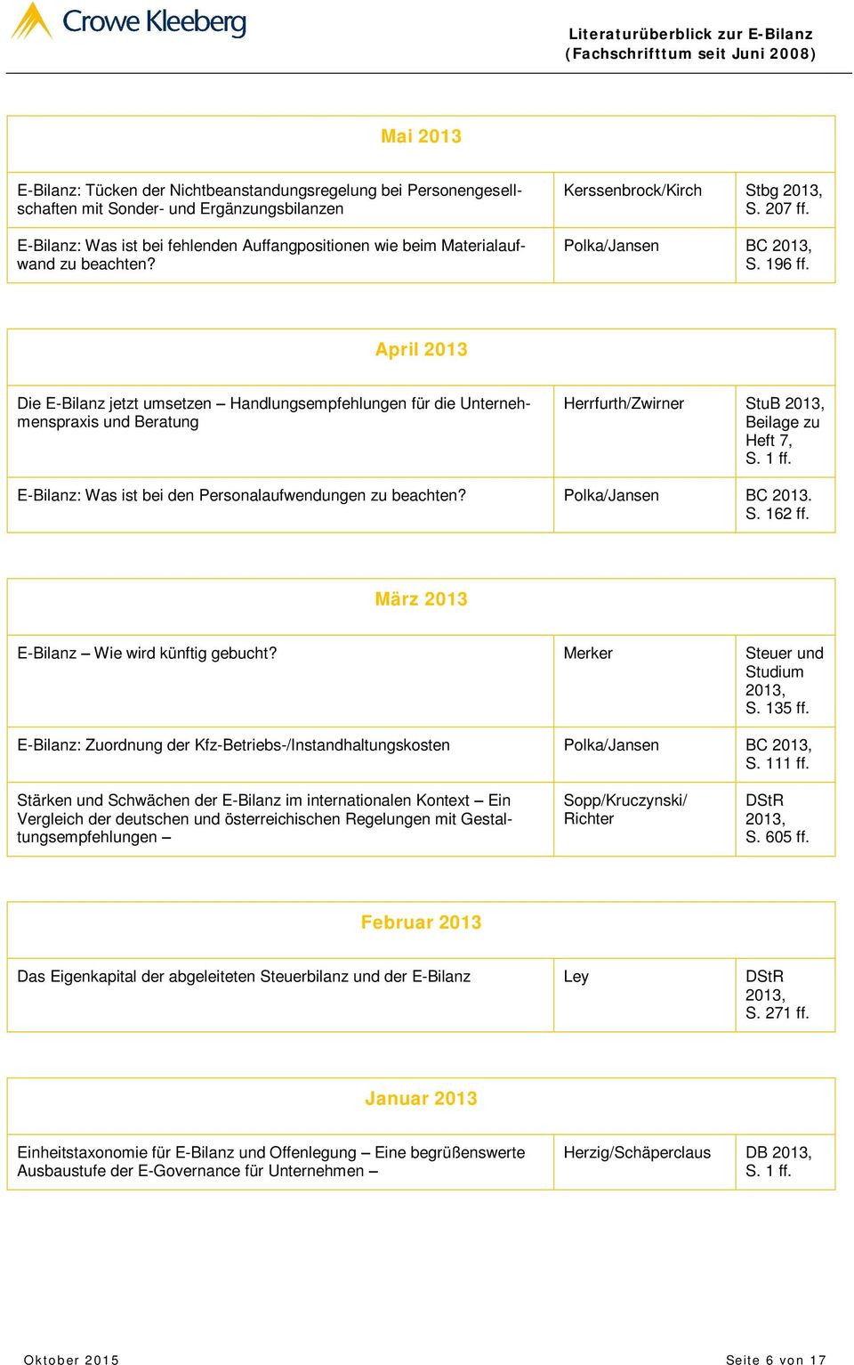 April 2013 Die E-Bilanz jetzt umsetzen Handlungsempfehlungen für die Unternehmenspraxis und Beratung Herrfurth/Zwirner StuB 2013, Beilage zu Heft 7, S. 1 ff.