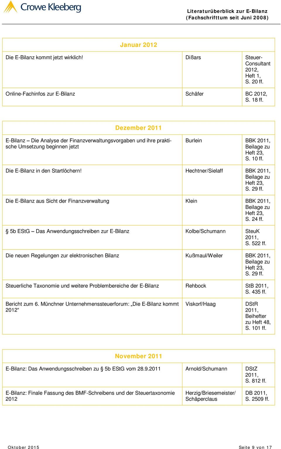 Hechtner/Sielaff BBK Beilage zu Heft 23, S. 29 ff. Die E-Bilanz aus Sicht der Finanzverwaltung Klein BBK Beilage zu Heft 23, S. 24 ff.