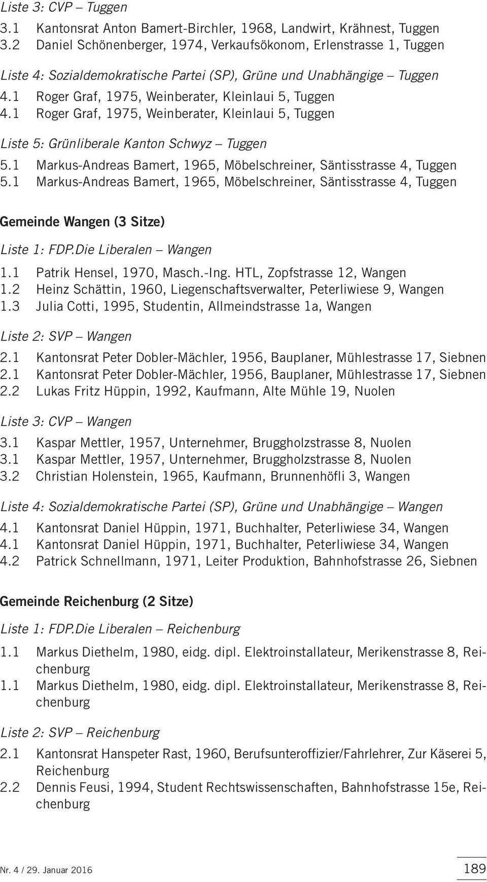 1 Roger Graf, 1975, Weinberater, Kleinlaui 5, Tuggen Liste 5: Grünliberale Kanton Schwyz Tuggen 5.1 Markus-Andreas Bamert, 1965, Möbelschreiner, Säntis stras se 4, Tuggen 5.