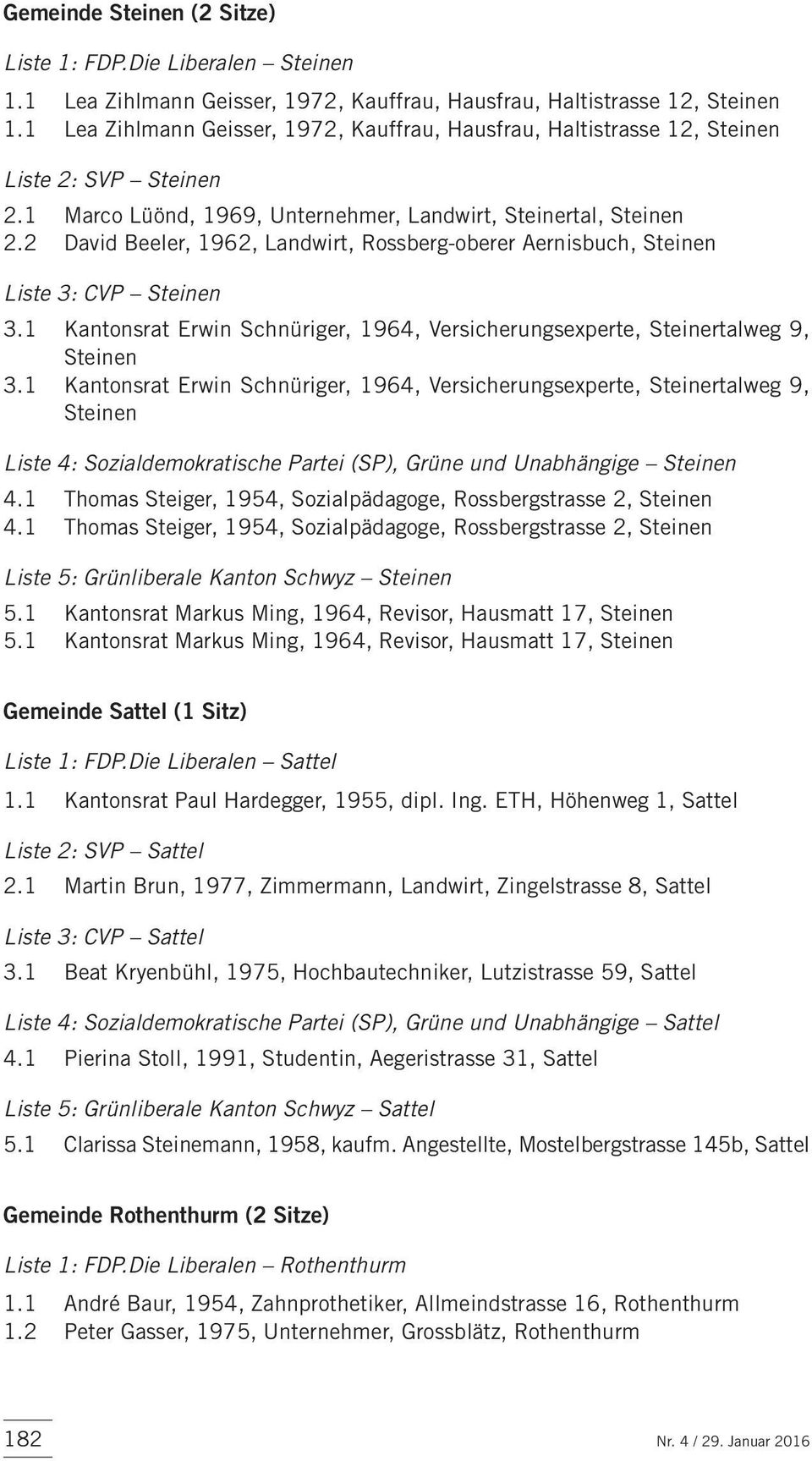 2 David Beeler, 1962, Landwirt, Rossberg-oberer Aernisbuch, Steinen Liste 3: CVP Steinen 3.1 Kantonsrat Erwin Schnüriger, 1964, Versicherungsexperte, Steinertalweg 9, Steinen 3.