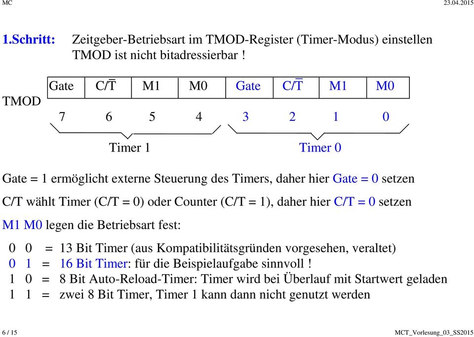 (C/T = 0) oder Counter (C/T = 1), daher hier C/T = 0 setzen M1 M0 legen die Betriebsart fest: 0 0 = 13 Bit Timer (aus Kompatibilitätsgründen vorgesehen, veraltet)
