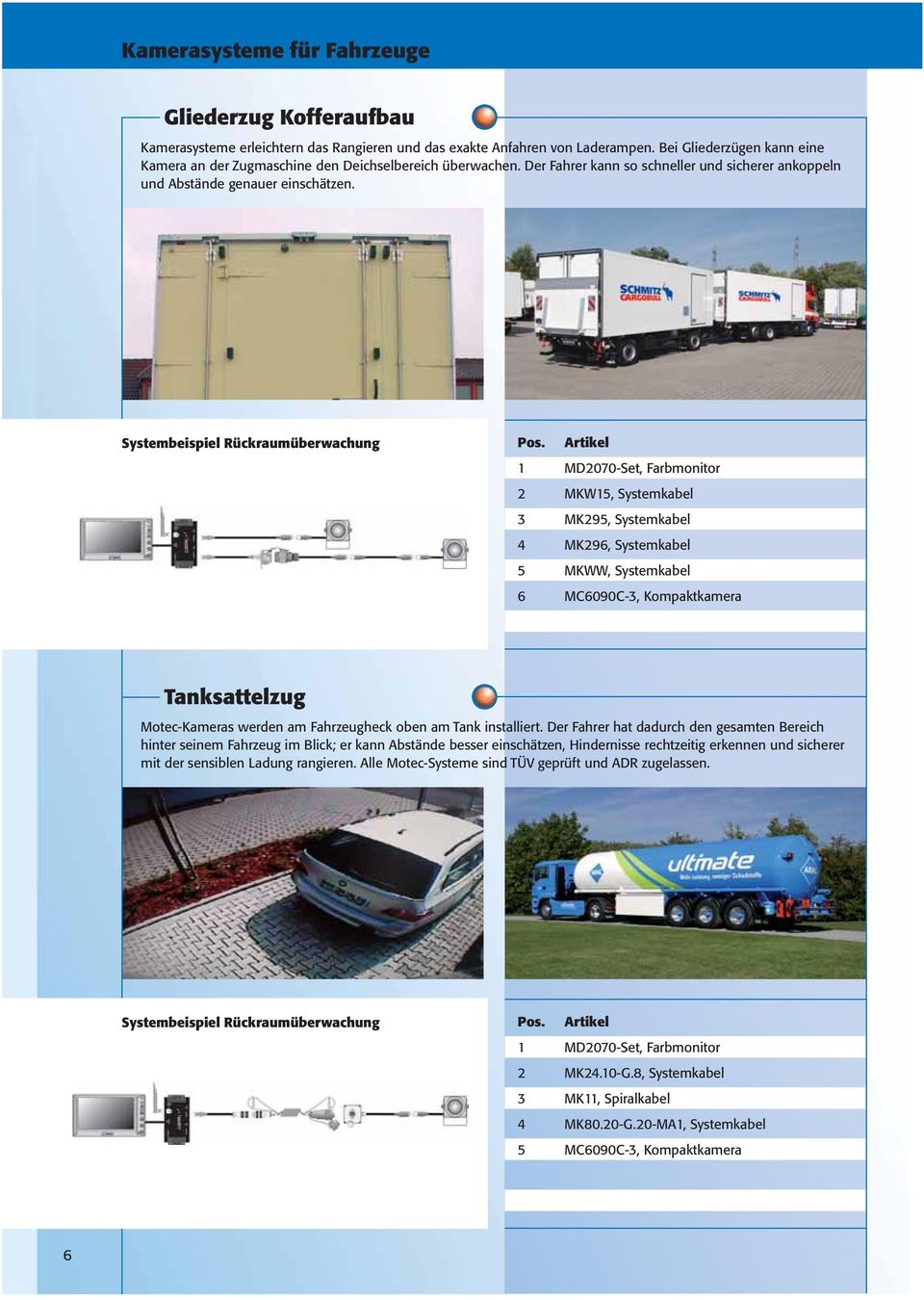 Systembeispiel Rückraumüberwachung 1 MD2070-Set, Farbmonitor 2 MKW15, Systemkabel 3 MK295, Systemkabel 4 MK296, Systemkabel 5 MKWW, Systemkabel 6 MC6090C-3, Kompaktkamera Tanksattelzug Motec-Kameras