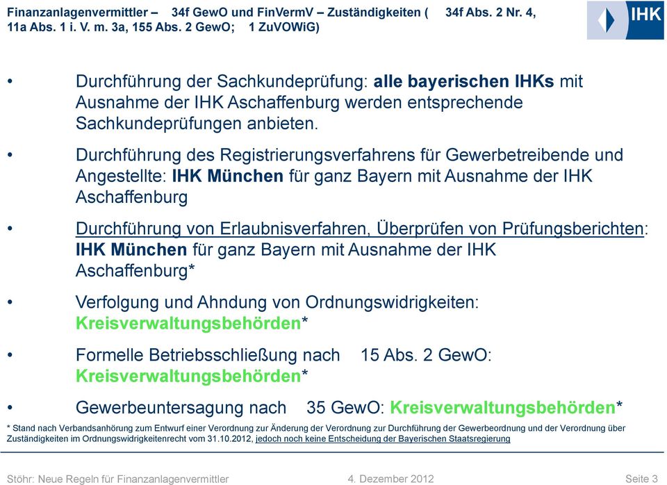 Durchführung des Registrierungsverfahrens für Gewerbetreibende und Angestellte: IHK München für ganz Bayern mit Ausnahme der IHK Aschaffenburg Durchführung von Erlaubnisverfahren, Überprüfen von