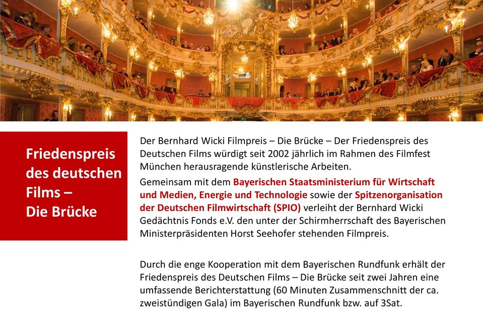 Gemeinsam mit dem Bayerischen Staatsministerium für Wirtschaft und Medien, Energie und Technologie sowie der Spitzenorganisation der Deutschen Filmwirtschaft (SPIO) verleiht der Bernhard Wicki