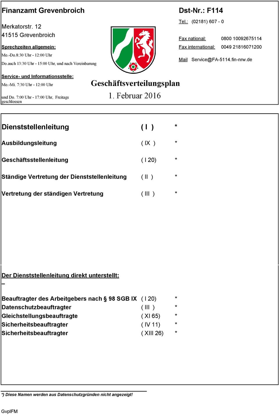 7:00 Uhr - 17:00 Uhr, Freitags geschlossen Geschäftsverteilungsplan 1.