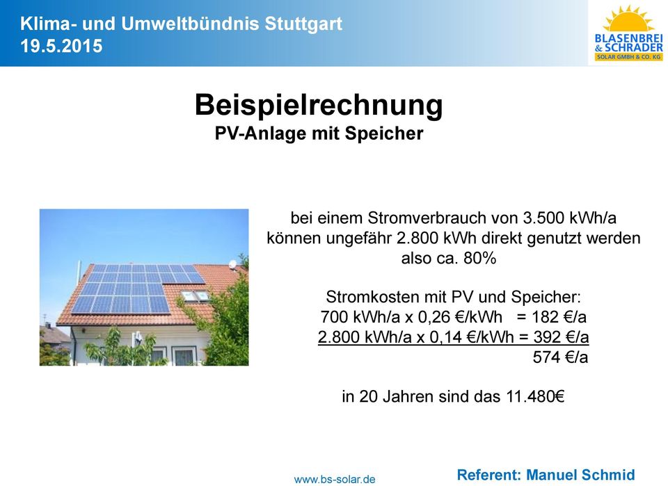 80% Stromkosten mit PV und Speicher: 700 kwh/a x 0,26 /kwh = 182 /a
