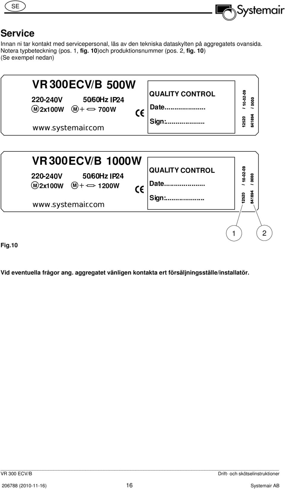 com 500W QUALITY CONTROL Date... Sign:... 220-240V 50/60Hz IP24 M 2x100W M 1200W www.systemair.com 1000W QUALITY CONTROL Date... Sign:... Fig.