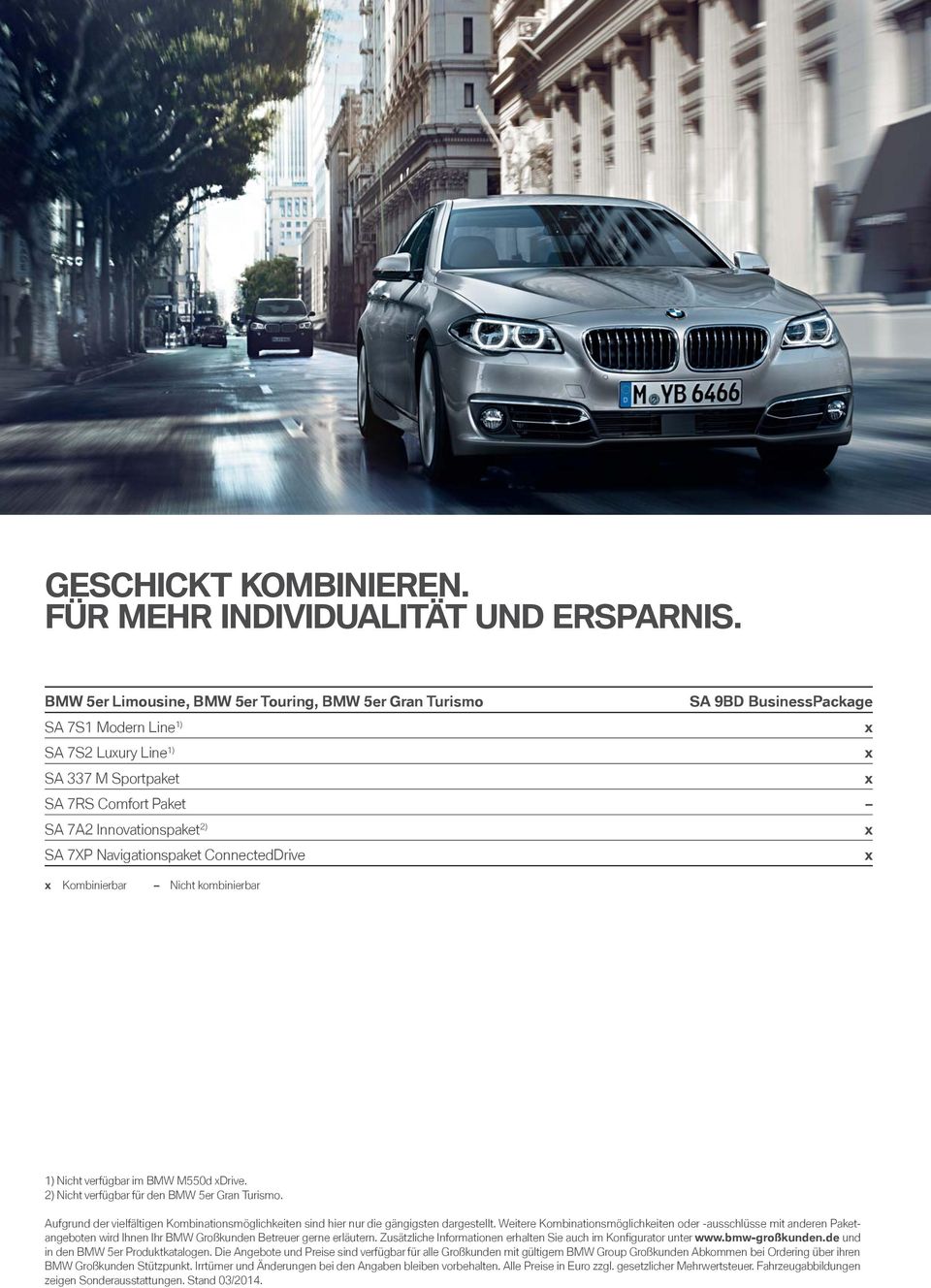 9BD BusinessPackage Kombinierbar Nicht kombinierbar 1) Nicht verfügbar im BMW M550d Drive. 2) Nicht verfügbar für den BMW 5er.