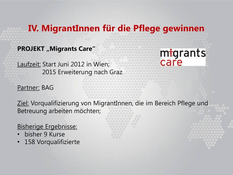 Quartal Ziel: Vorqualifizierung von MigrantInnen, die im Bereich Pflege und Betreuung