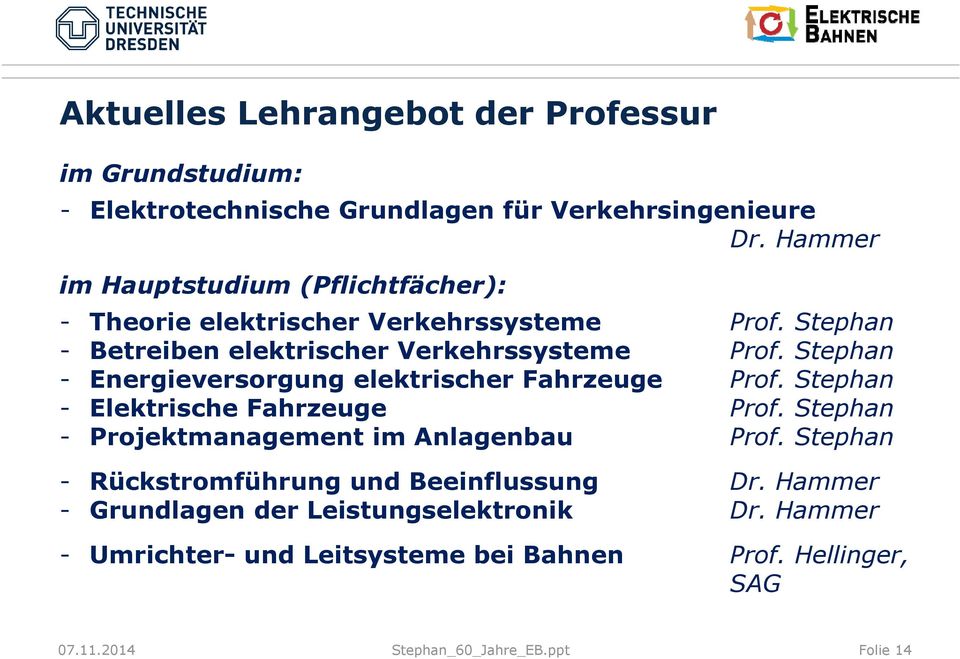 Stephan - Energieversorgung elektrischer Fahrzeuge Prof. Stephan - Elektrische Fahrzeuge Prof. Stephan - Projektmanagement im Anlagenbau Prof.