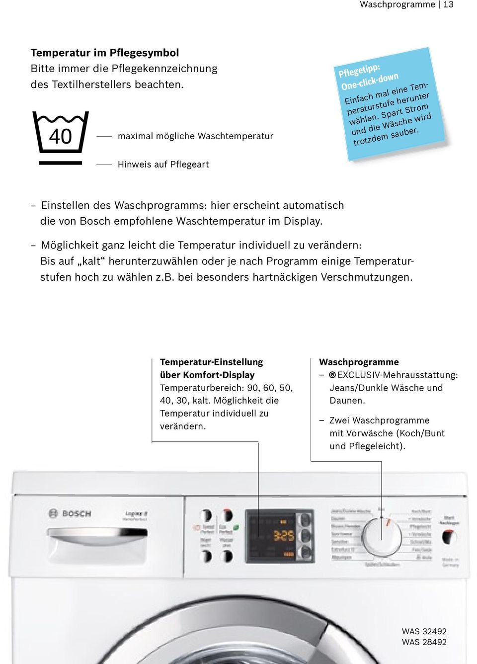 Normal - waschgang Hinweis auf Pflegeart Einstellen des Waschprogramms: hier erscheint automatisch die von Bosch empfohlene Waschtemperatur im Display.