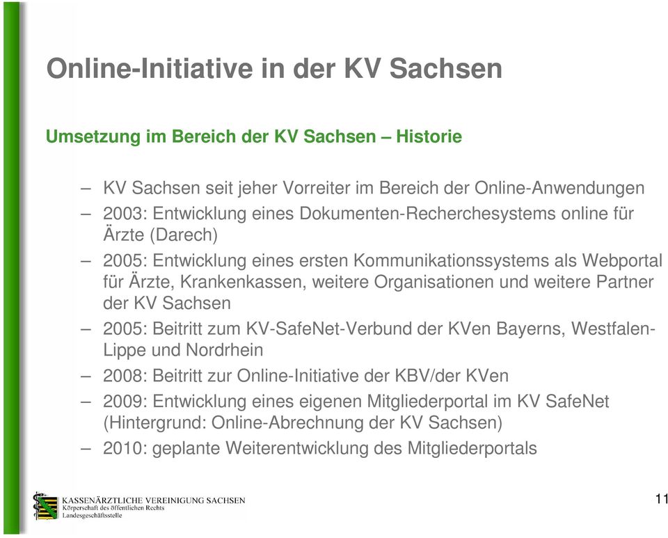 und weitere Partner der KV Sachsen 2005: Beitritt zum KV-SafeNet-Verbund der KVen Bayerns, Westfalen- Lippe und Nordrhein 2008: Beitritt zur Online-Initiative der KBV/der