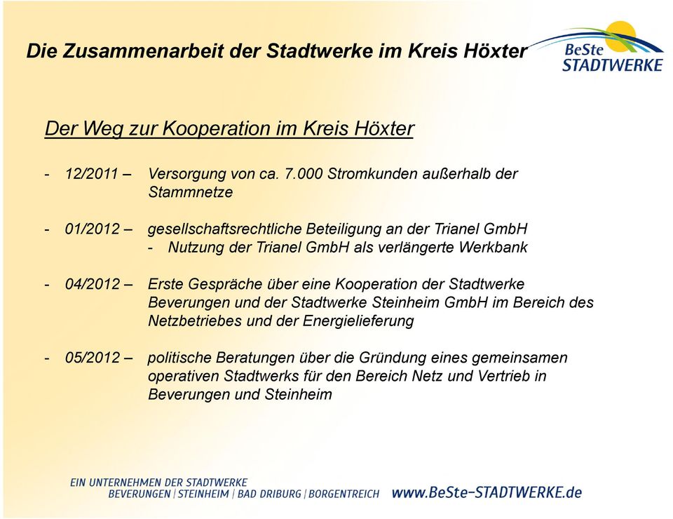 als verlängerte Werkbank - 04/2012 Erste Gespräche über eine Kooperation der Stadtwerke Beverungen und der Stadtwerke Steinheim GmbH im
