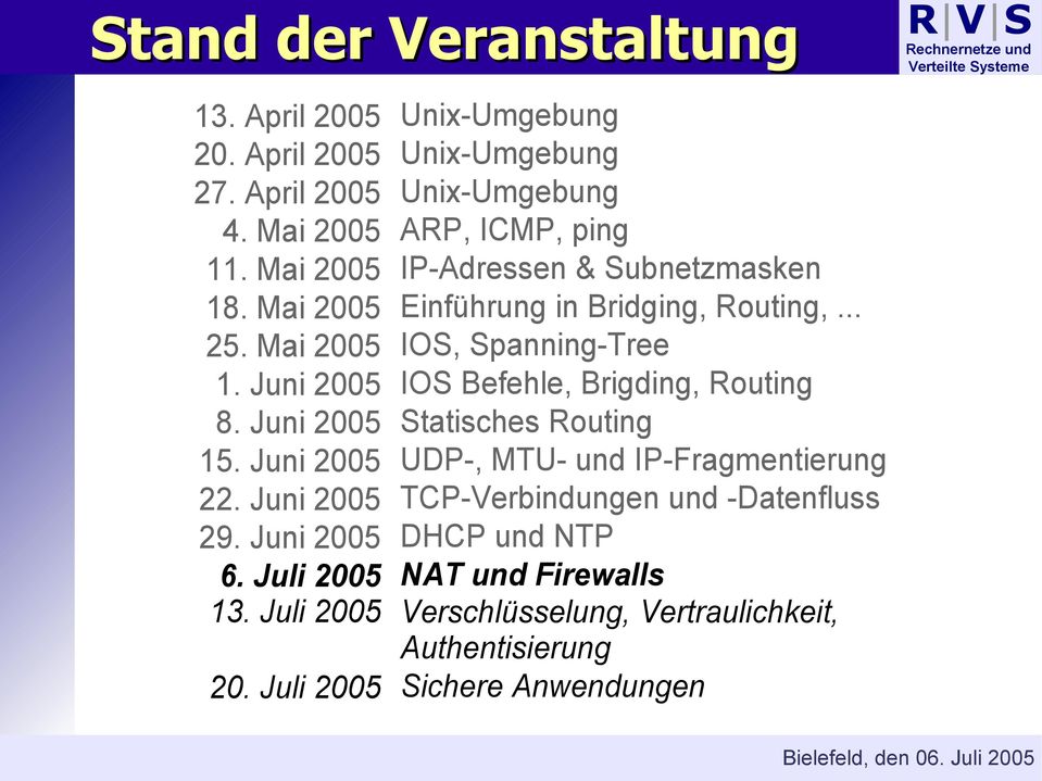 Juni 2005 IOS Befehle, Brigding, Routing 8. Juni 2005 Statisches Routing 15. Juni 2005 UDP-, MTU- und IP-Fragmentierung 22.