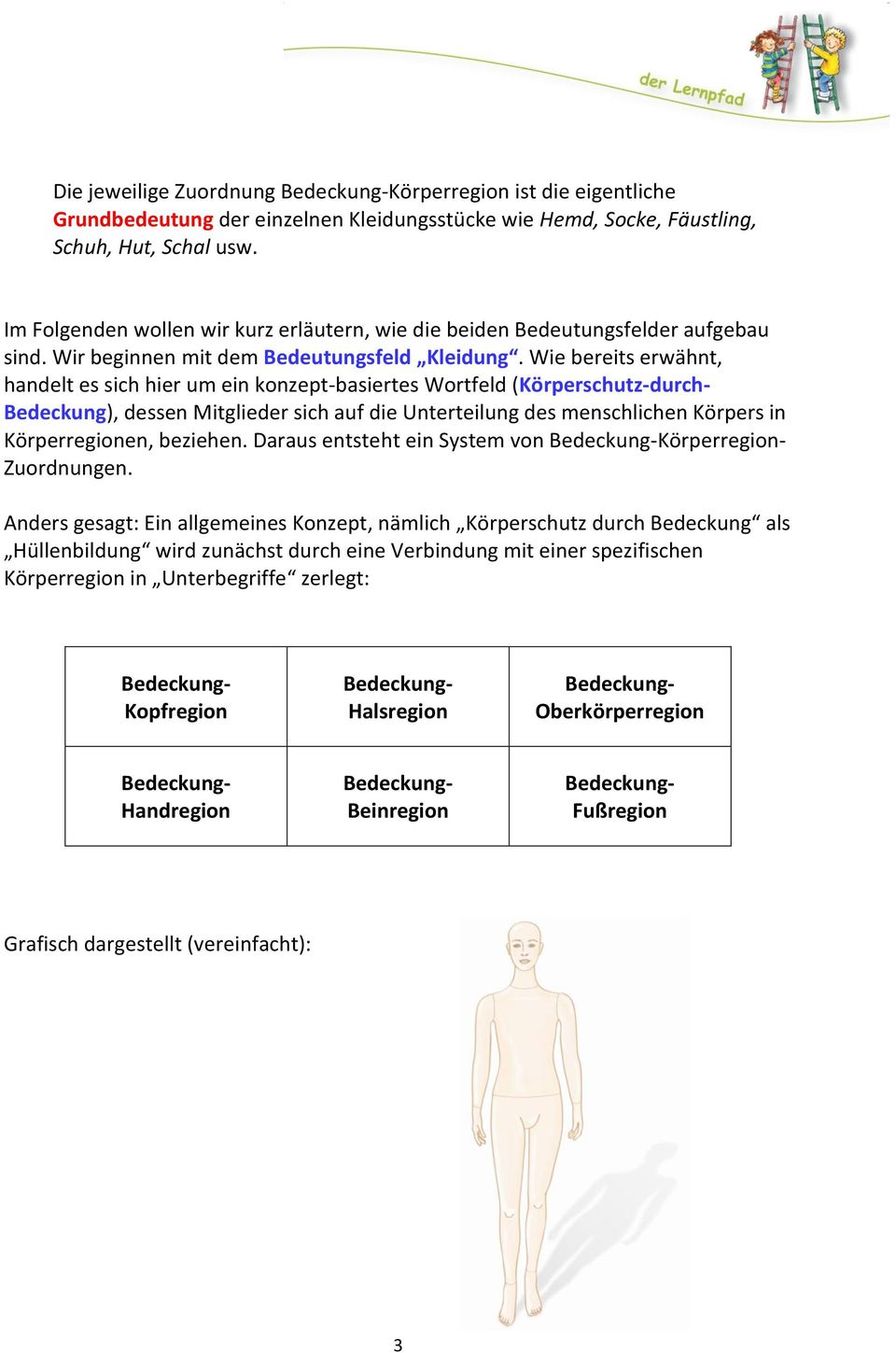 Wie bereits erwähnt, handelt es sich hier um ein konzept-basiertes Wortfeld (Körperschutz-durch- Bedeckung), dessen Mitglieder sich auf die Unterteilung des menschlichen Körpers in Körperregionen,