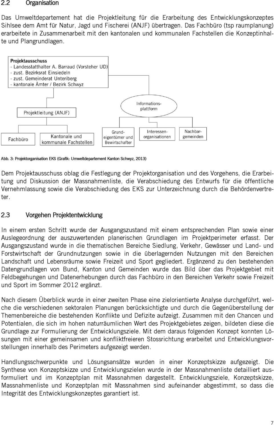 3: Projektorganisation EKS (Grafik: Umweltdepartement Kanton Schwyz, 2013) Dem Projektausschuss oblag die Festlegung der Projektorganisation und des Vorgehens, die Erarbeitung und Diskussion der