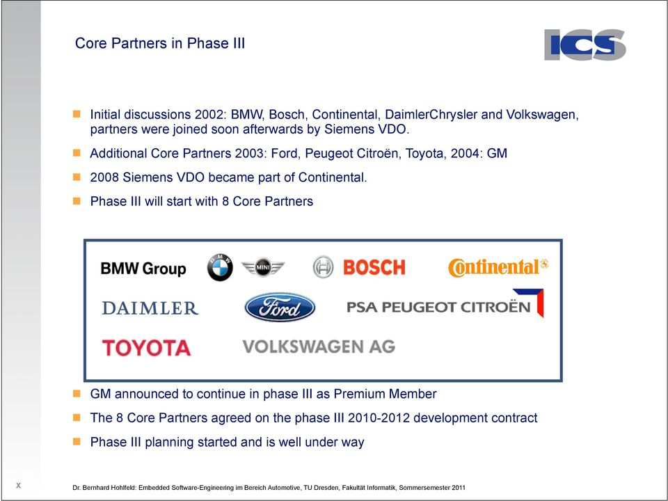 Additional Core Partners 2003: Ford, Peugeot Citroën, Toyota, 2004: GM 2008 Siemens VDO became part of Continental.