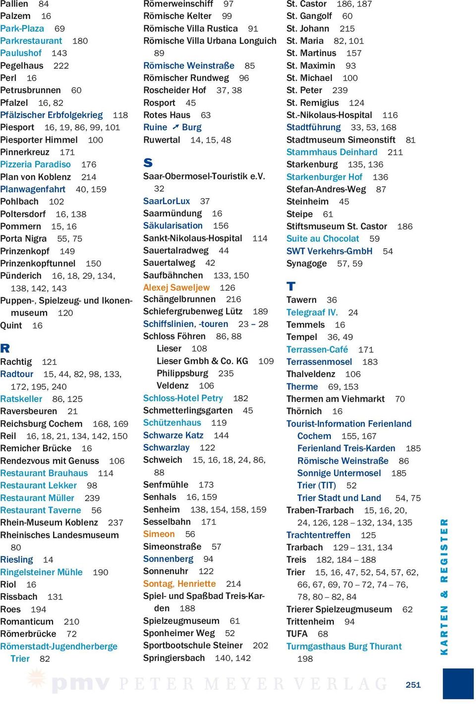 Pünderich 16, 18, 29, 134, 138, 142, 143 Puppen-, Spielzeug- und Ikonenmuseum 120 Quint 16 R Rachtig 121 Radtour 15, 44, 82, 98, 133, 172, 195, 240 Ratskeller 86, 125 Raversbeuren 21 Reichsburg