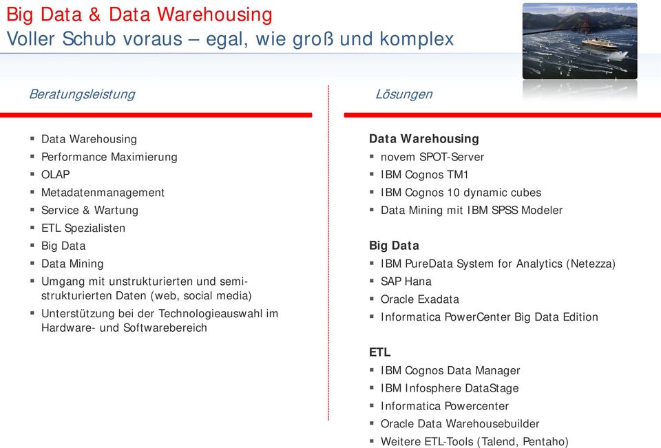 Softwarebereich Data Warehousing novem SPOT-Server IBM Cognos TM1 IBM Cognos 10 dynamic cubes Data Mining mit IBM SPSS Modeler Big Data IBM PureData System for Analytics (Netezza) SAP