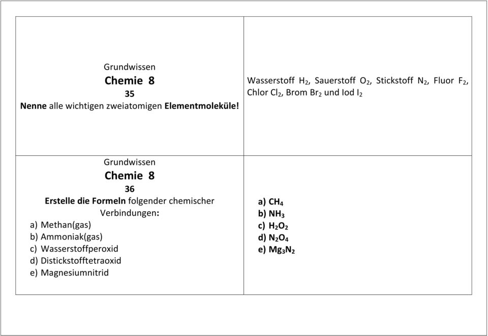 Iod I 2 36 Erstelle die Formeln folgender chemischer Verbindungen: a) Methan(gas) b)