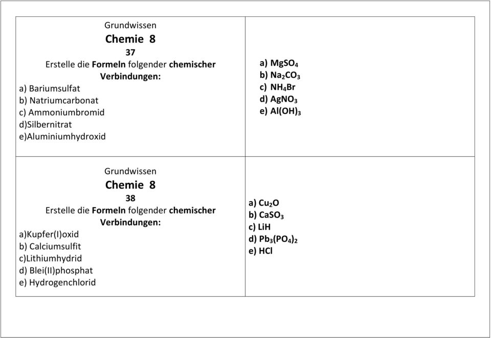 Al(OH) 3 38 Erstelle die Formeln folgender chemischer Verbindungen: a)kupfer(i)oxid b) Calciumsulfit