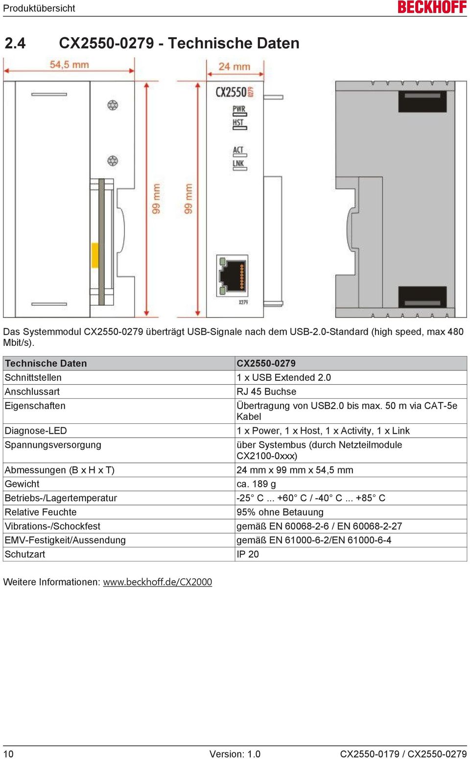 0 Anschlussart Eigenschaften Diagnose-LED Spannungsversorgung Abmessungen (B x H x T) Gewicht Betriebs-/Lagertemperatur Relative Feuchte RJ 45 Buchse Übertragung von USB2.0 bis max.