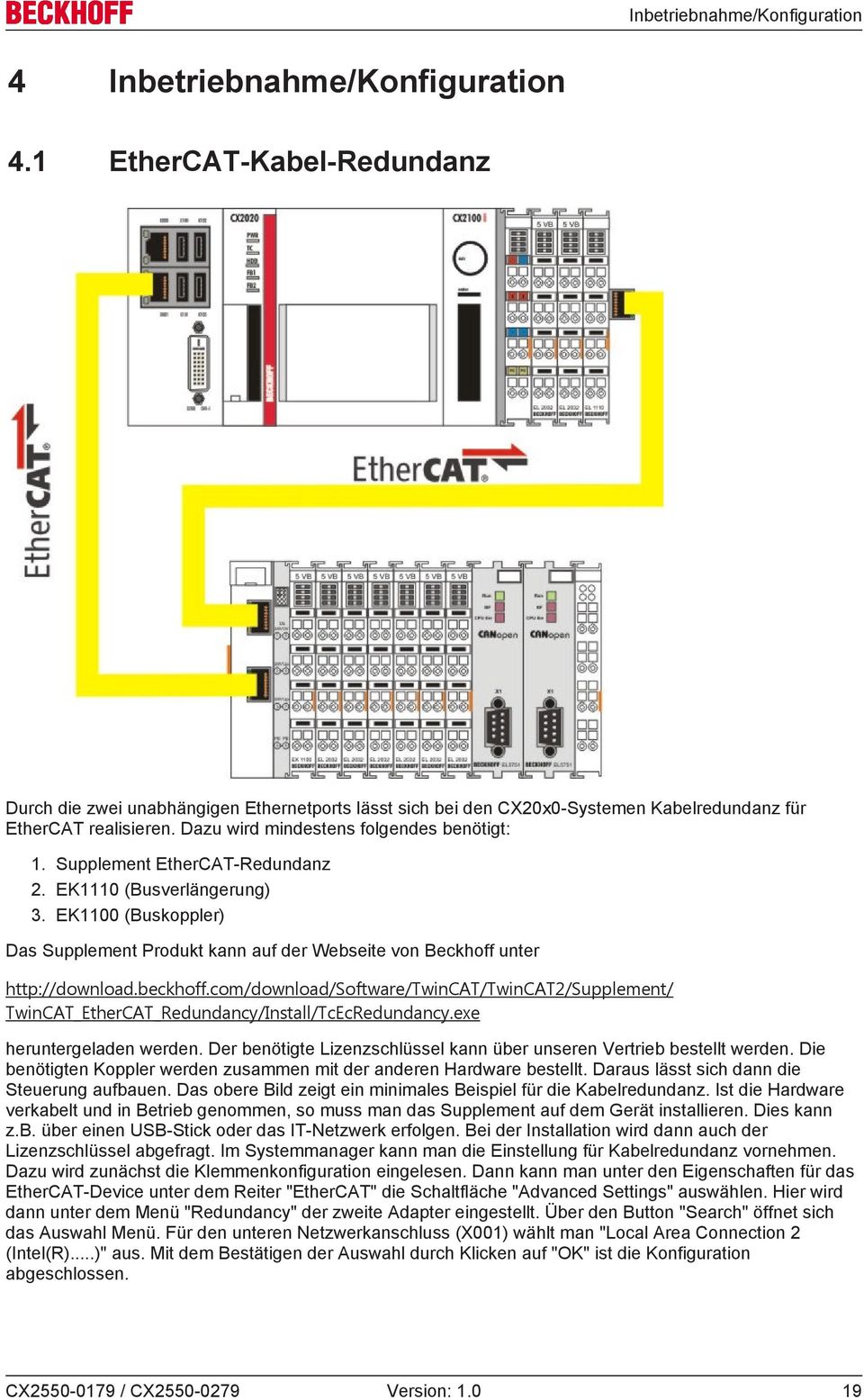Supplement EtherCAT-Redundanz 2. EK1110 (Busverlängerung) 3. EK1100 (Buskoppler) Das Supplement Produkt kann auf der Webseite von Beckhoff unter http://download.beckhoff.