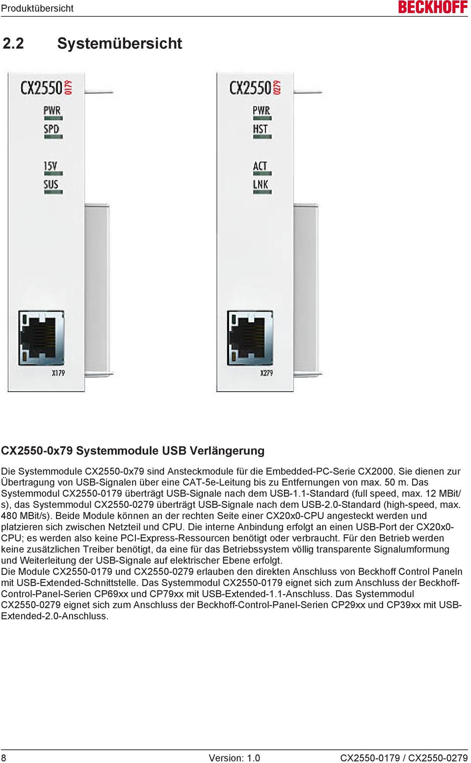 12 MBit/ s), das Systemmodul CX2550-0279 überträgt USB-Signale nach dem USB-2.0-Standard (high-speed, max. 480 MBit/s).