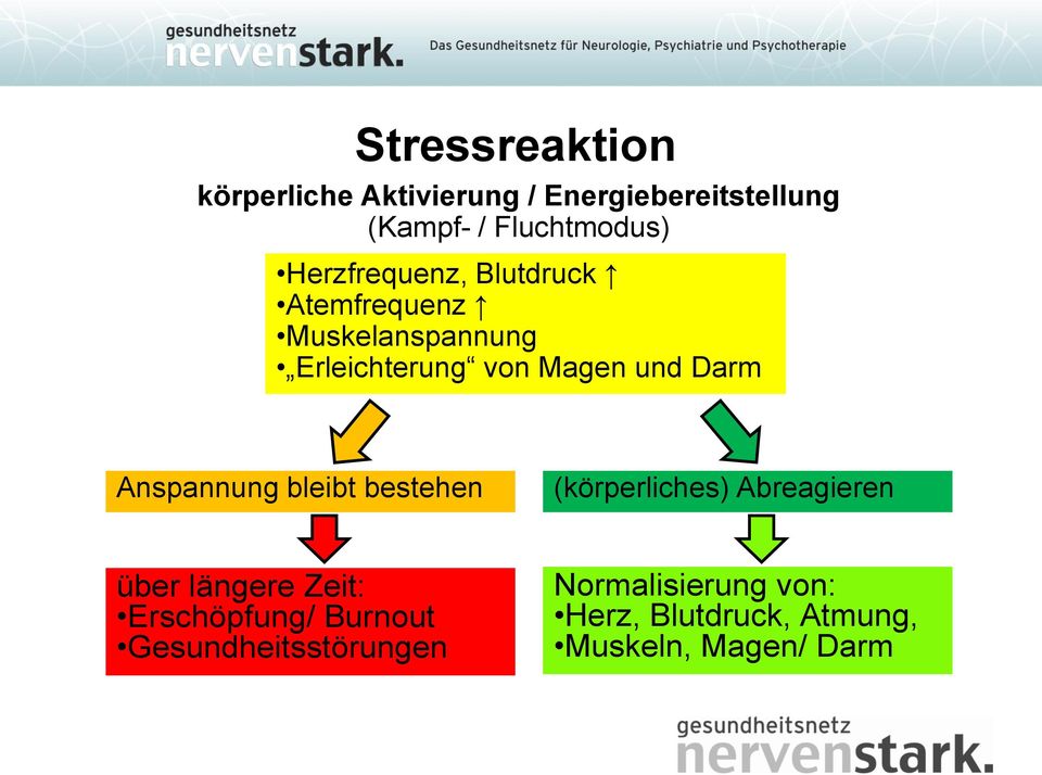 Anspannung bleibt bestehen (körperliches) Abreagieren über längere Zeit: Erschöpfung/