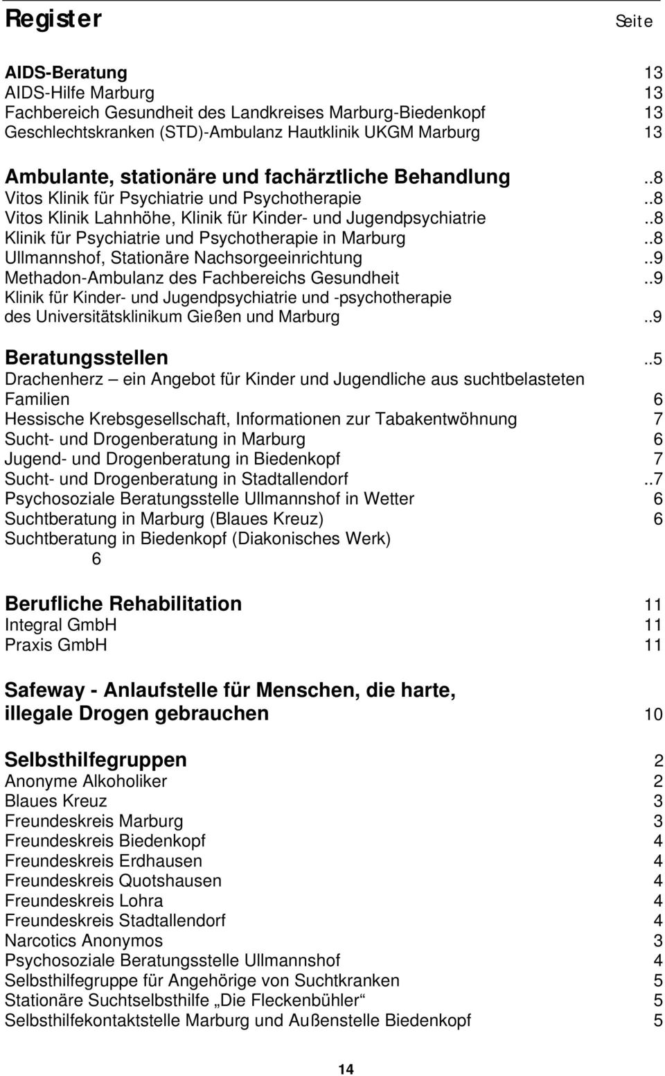 .8 Klinik für Psychiatrie und Psychotherapie in Marburg..8 Ullmannshof, Stationäre Nachsorgeeinrichtung..9 Methadon-Ambulanz des Fachbereichs Gesundheit.