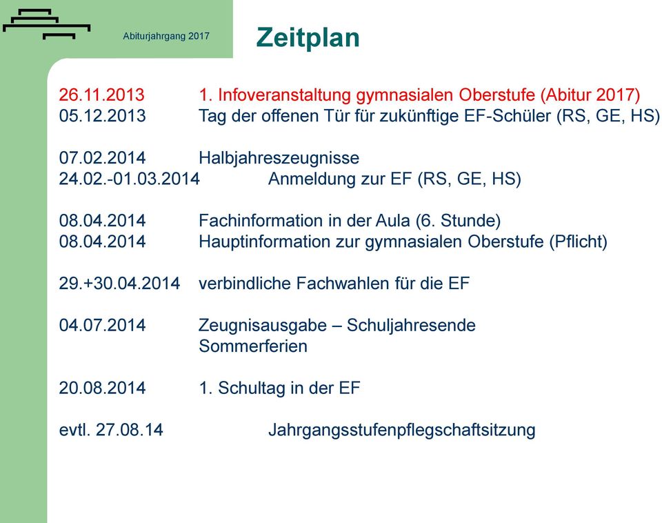 2014 Anmeldung zur EF (RS, GE, HS) 08.04.2014 Fachinformation in der Aula (6. Stunde) 08.04.2014 Hauptinformation zur gymnasialen Oberstufe (Pflicht) 29.