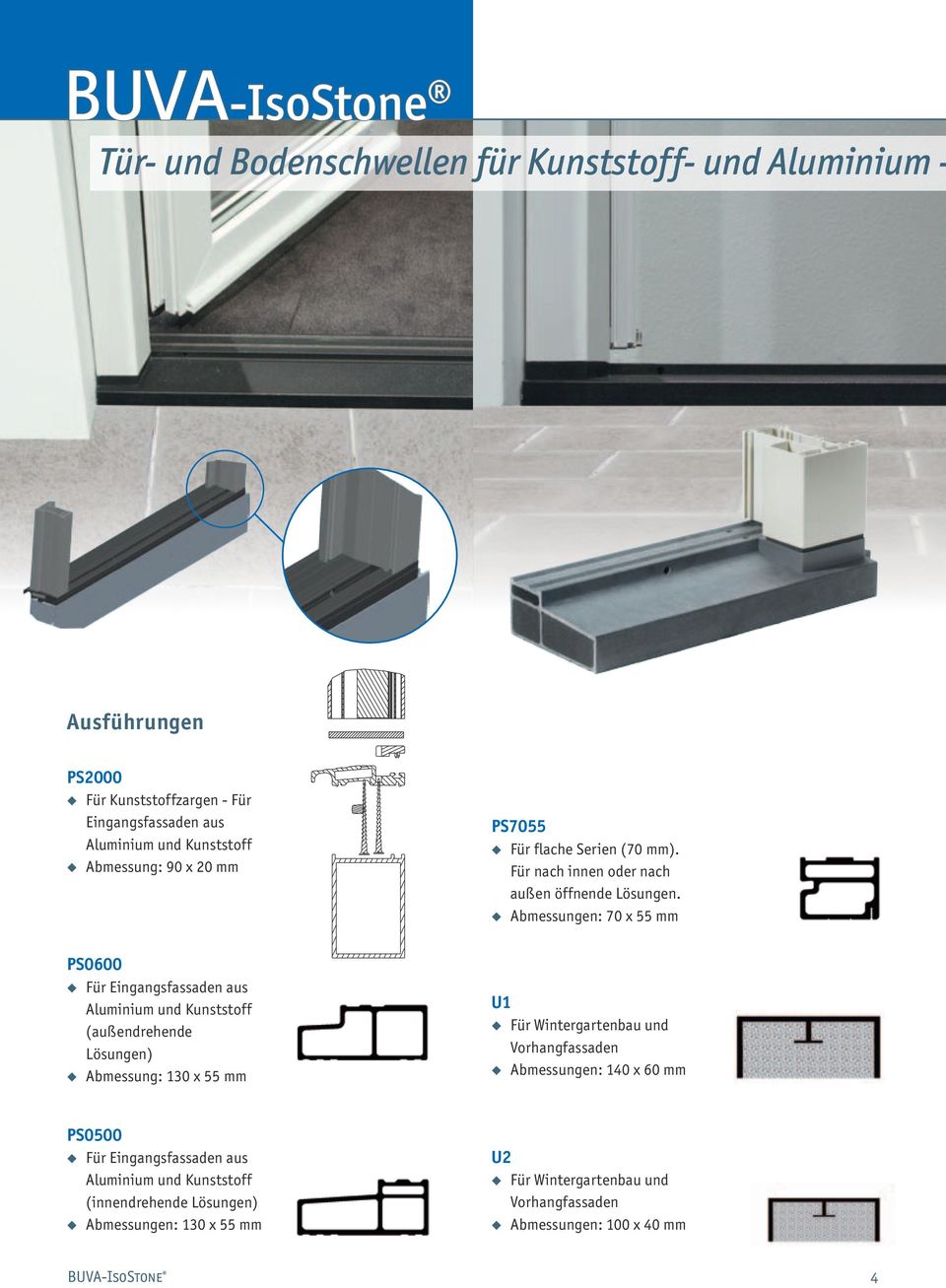 Abmessungen: 70 x 55 mm PS0600 Für Eingangsfassaden aus Aluminium und Kunststoff (außendrehende Lösungen) Abmessung: 130 x 55 mm U1 Für Wintergartenbau und