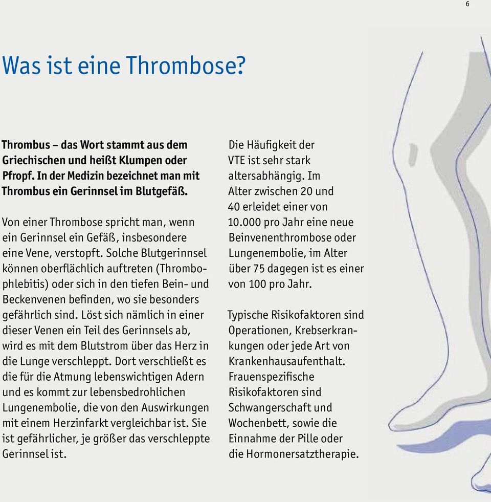 Solche Blutgerinnsel können oberflächlich auftreten (Thrombophlebitis) oder sich in den tiefen Bein- und Beckenvenen befinden, wo sie besonders gefährlich sind.