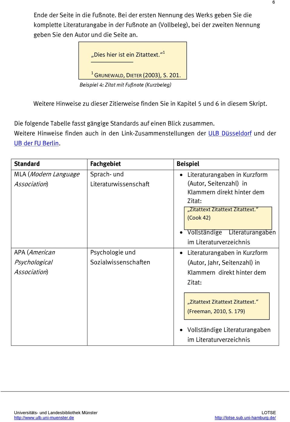 Die folgende Tabelle fasst gängige Standards auf einen Blick zusammen. Weitere Hinweise finden auch in den Link-Zusammenstellungen der ULB Düsseldorf und der UB der FU Berlin.