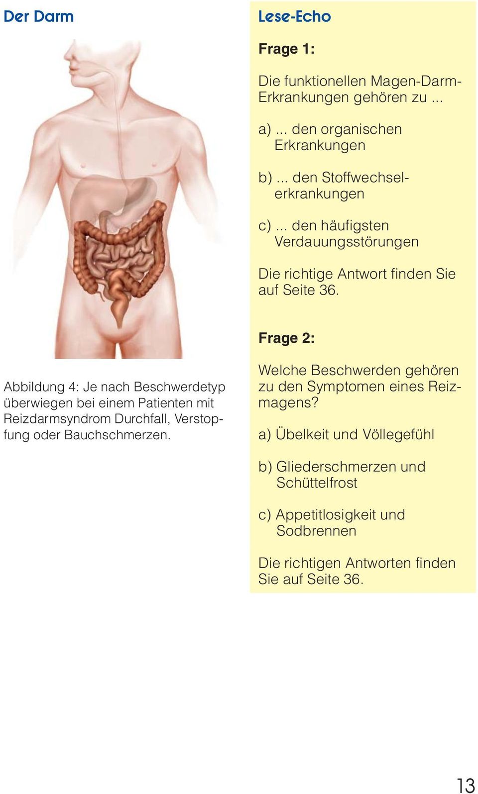 Frage 2: Abbildung 4: Je nach Beschwerdetyp überwiegen bei einem Patienten mit Reizdarmsyndrom Durchfall, Verstopfung oder Bauchschmerzen.