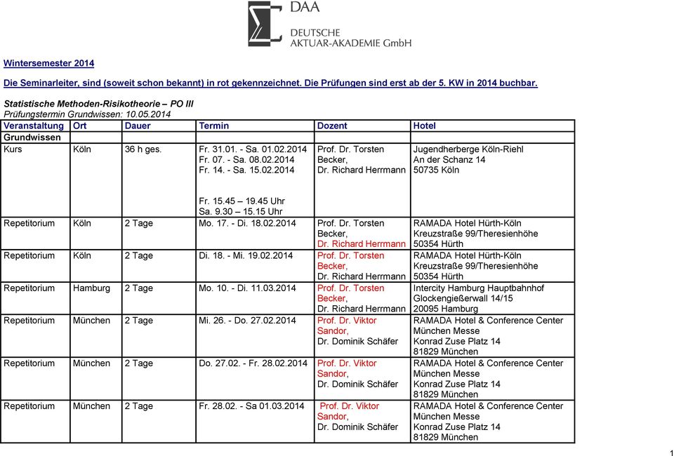 Richard Herrmann Jugendherberge Köln-Riehl An der Schanz 14 50735 Köln Fr. 15.45 19.45 Uhr Sa. 9.30 15.15 Uhr Repetitorium Köln 2 Tage Mo. 17. - Di. 18.02.2014 Prof. Dr. Torsten Becker, Dr.
