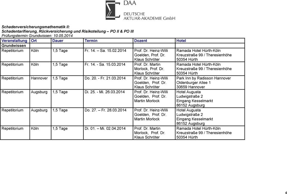 Dr. Klaus Schröter Repetitorium Augsburg 1,5 Tage Di. 25. - Mi. 26.03.2014 Prof. Dr. Heinz-Willi Goelden, Prof. Dr. Martin Morlock Repetitorium Augsburg 1,5 Tage Do. 27. Fr. 28.03.2014 Prof. Dr. Heinz-Willi Goelden, Prof. Dr. Martin Morlock Repetitorium Köln 1,5 Tage Di.