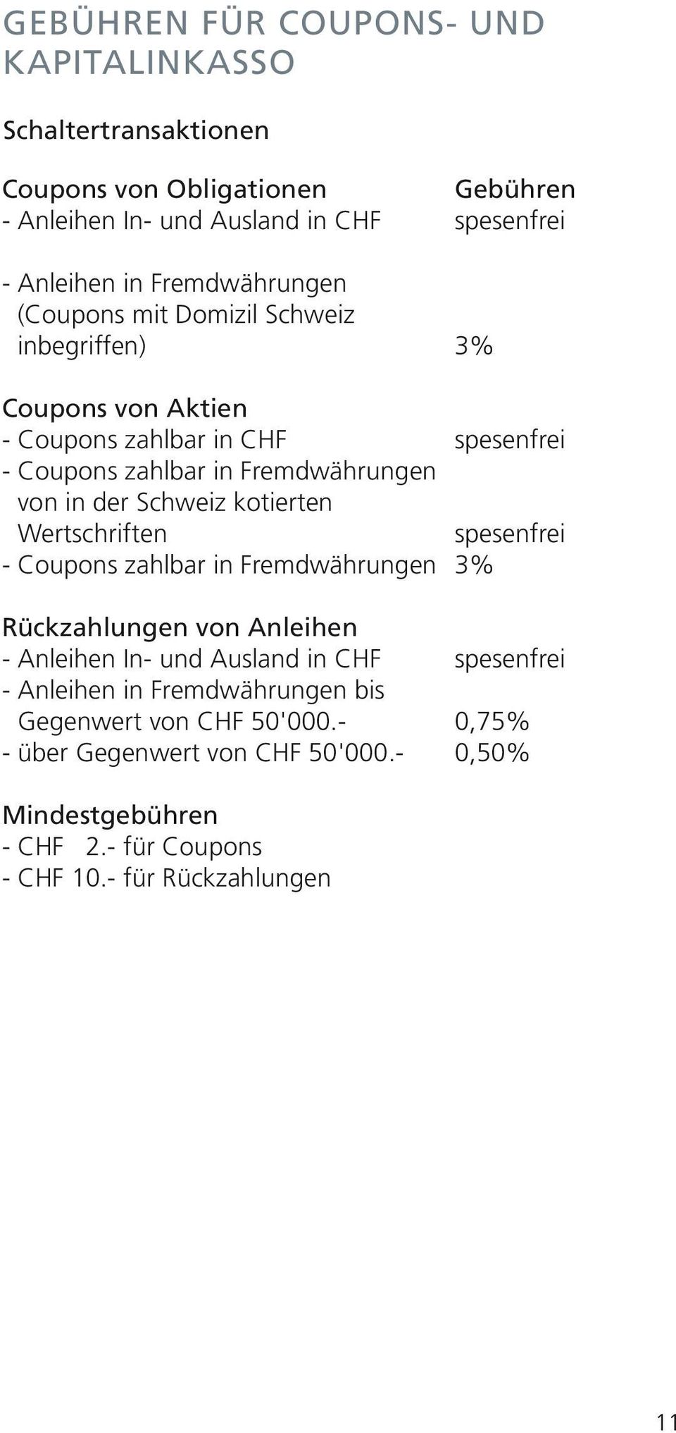 der Schweiz kotierten Wertschriften spesenfrei - Coupons zahlbar in Fremdwährungen 3% Rückzahlungen von Anleihen - Anleihen In- und Ausland in CHF spesenfrei -