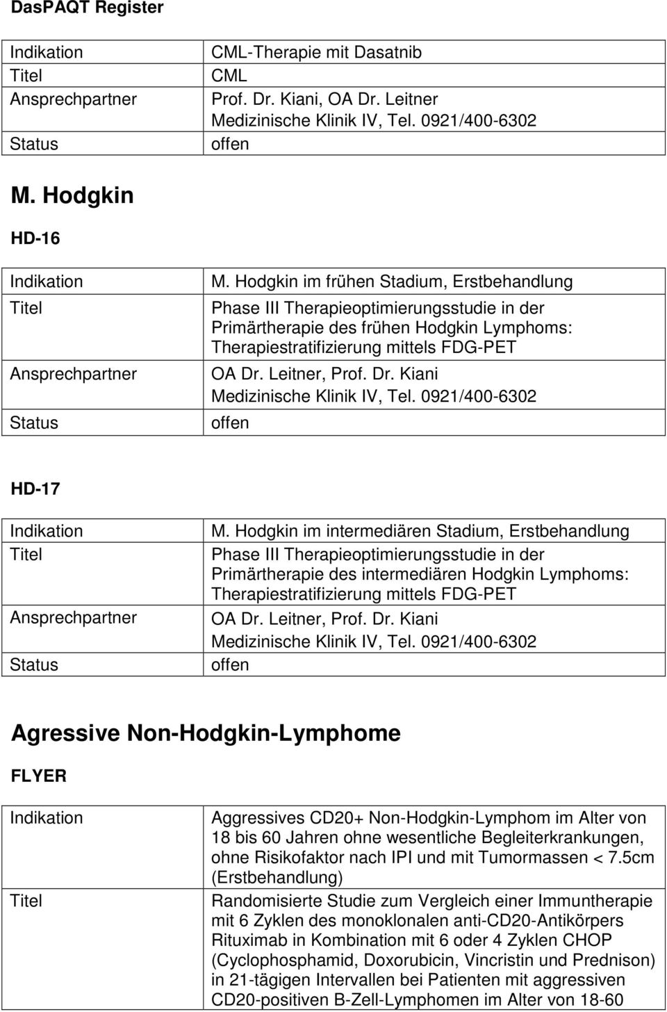 Hodgkin im intermediären Stadium, Erstbehandlung Phase III Therapieoptimierungsstudie in der Primärtherapie des intermediären Hodgkin Lymphoms: Therapiestratifizierung mittels FDG-PET Agressive