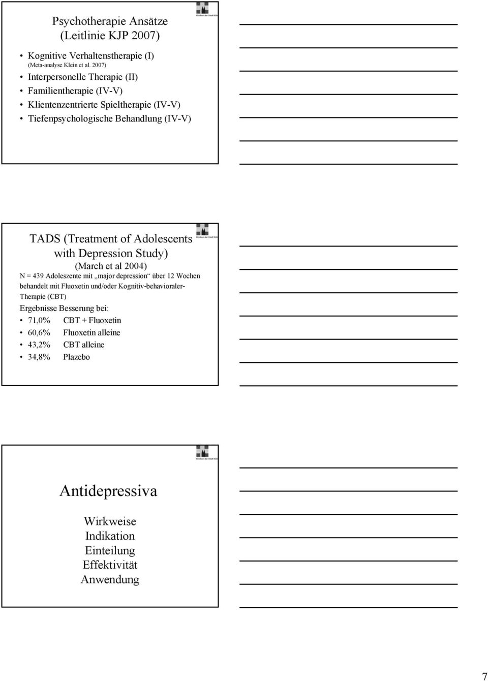 of Adolescents with Depression Study) (March et al 2004) N = 439 Adoleszente mit major depression über 12 Wochen behandelt mit Fluoxetin und/oder