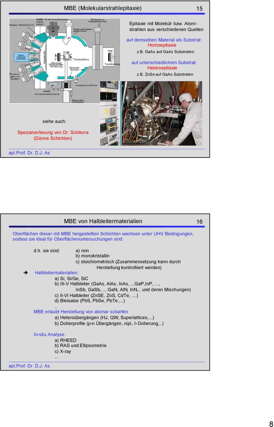 Schikora (Dünne Schichten) MBE von Halbleitermaterialien 16 Oberflächen dieser mit MBE hergestellten Schichten wachsen unter UHV Bedingungen, sodass sie ideal für Oberflächenuntersuchungen sind d.h.